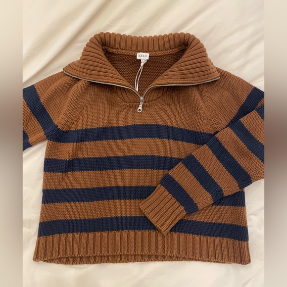 KULE The Matey | Brown and Navy Striped Quarter-Zip Sweater - Picture 4 of 12